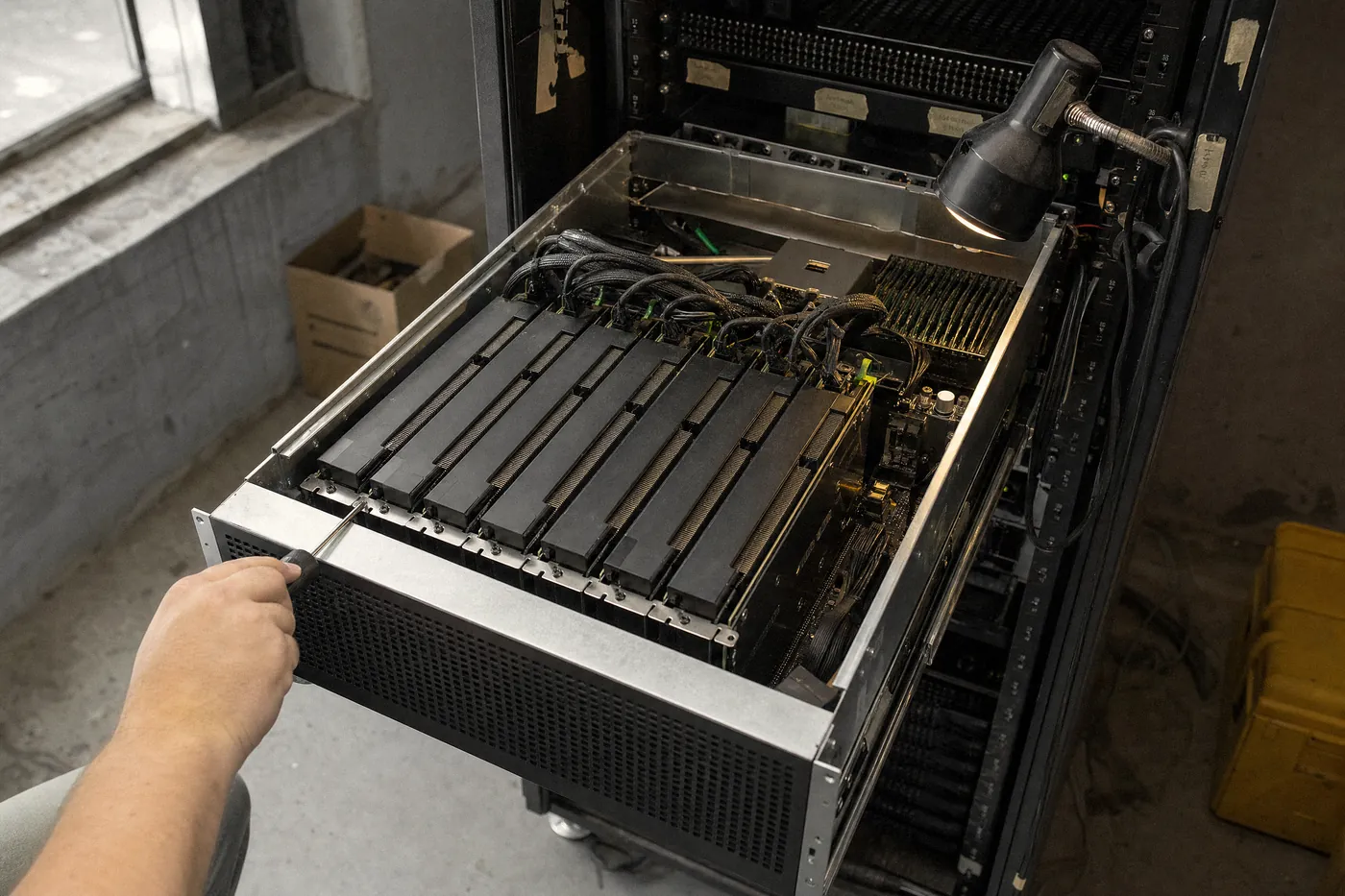 A GPU server pulled out of a rack on its rails with the lid off, showing a row of black accelerator cards and memory. A hand tightens a bracket with a screwdriver under a clamp lamp.