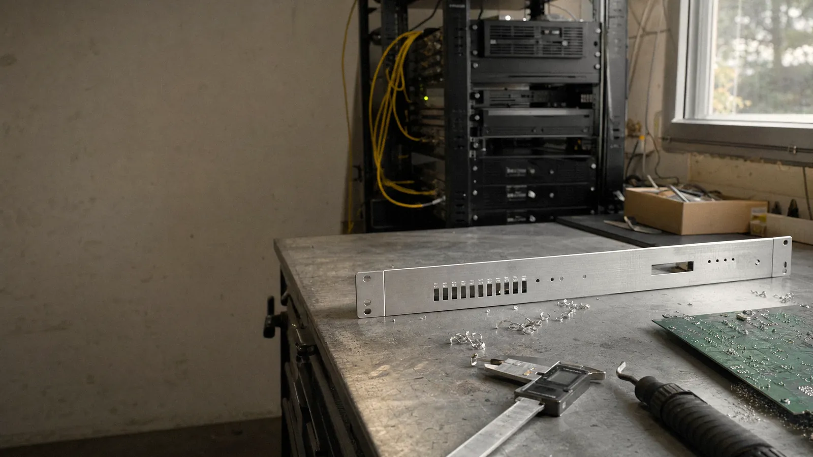 A machined aluminium 1U rack panel on a steel workbench beside a caliper, a deburring tool and a circuit board. Behind it, a server rack with yellow fibre cables.