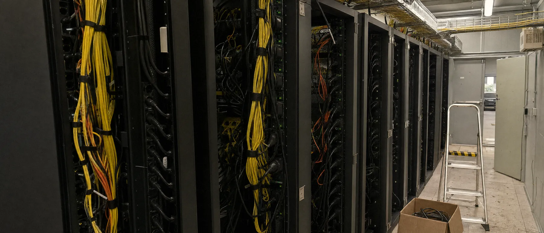 The rear of a row of open server cabinets: bundles of yellow fibre and orange patch cords tied with straps, black power cords, a cable tray overhead, a step ladder and a box of spare cables in the aisle.