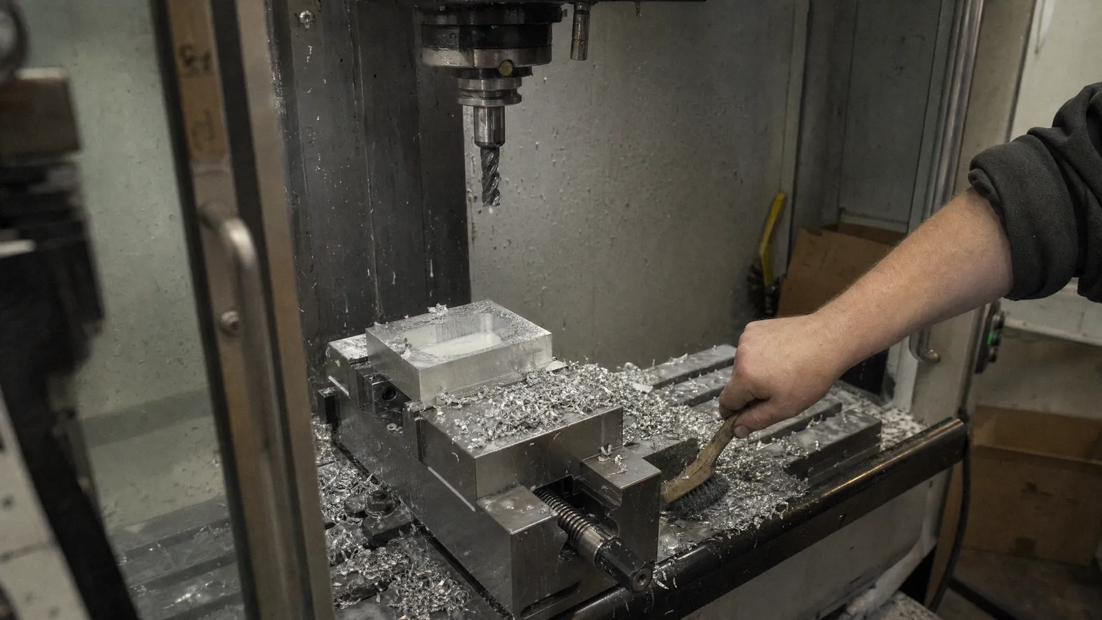 Inside a CNC milling machine after a cut: an end mill above an aluminium block held in a vise, a fresh pocket full of coolant, chips everywhere, and a hand brushing them away.